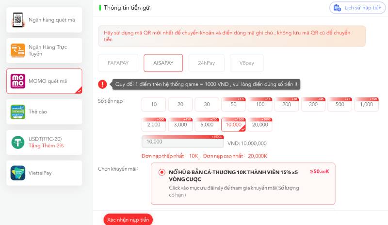 Nạp tiền qua ví điện tử