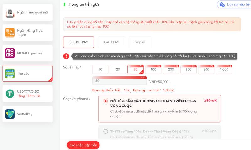 Thực hiện nạp qua thẻ điện thoại